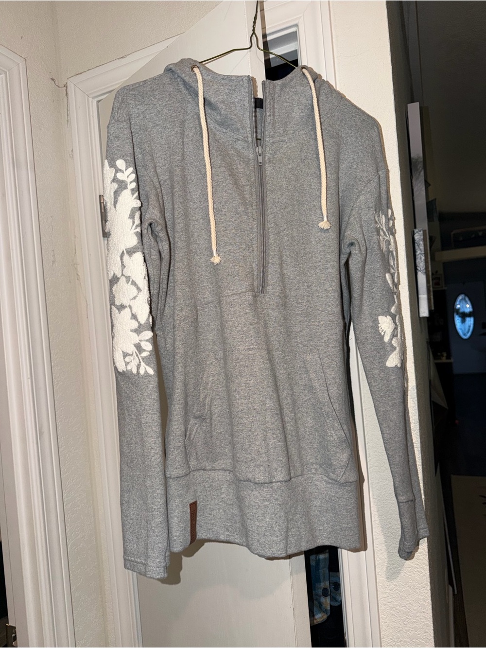 AMPERSAND AVE Gray Half-Zip Hoodie with White Floral Sleeves